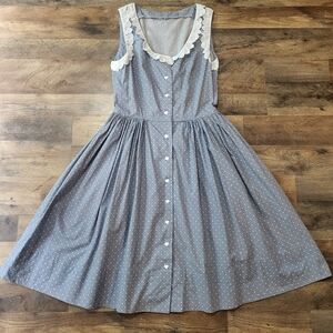 Vintage Handmade Blue & White Heart Detailing Embroidered Midi Dress Size Medium